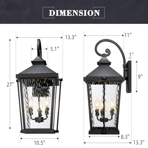 Image of zeyu 27 Inch Outdoor Wall Sconce, Large Exterior Wall Light for Porch Patio, 3-Light Outdoor Wall Lighting with Water Ripple Glass in Black Finish, ZW105B-L BK-SW