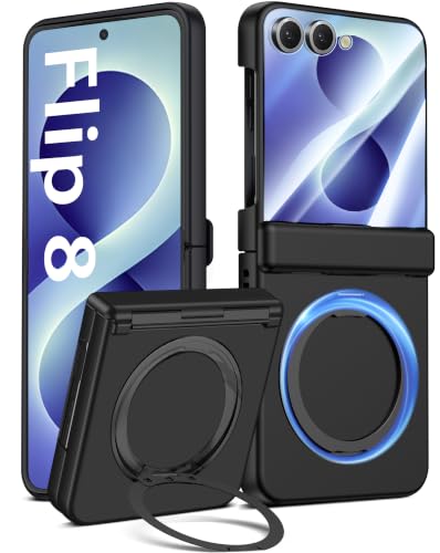 Magnetische Handyhülle für Samsung Galaxy Z Flip 8 Hülle, Matte PC Hartschale mit Schutzfolie, Scharnier-Schutz, 360° Ständer Ring Magnetring Anti-Fingerprint Stoßfest Schutzhülle Case Cover (Schwarz)