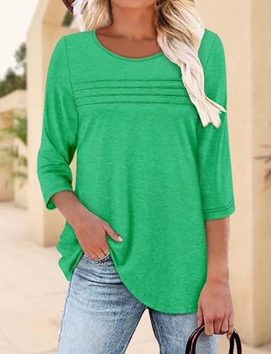 KISSMODA Women's Casual 3/4 Sleeve T-Shirts Round Neck Cute Tunic Tops Basic/Pleated Summer Tops Trendy Spring Blouses