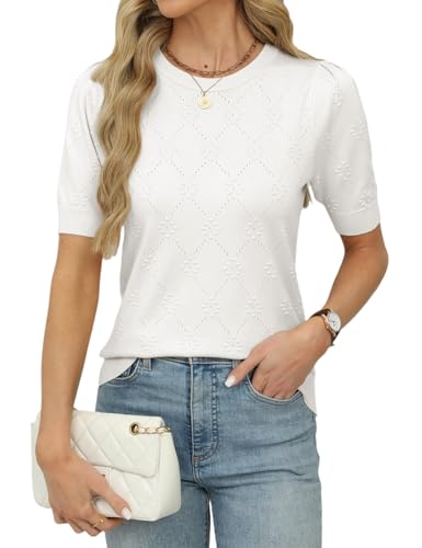 Image of VIMPUNEC Womens Puff Short Sleeve Sweater Summer Crochet Pullover Tops Trendy Casual Knit Shirts Blouses White M
