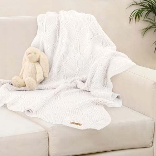 Image of Thick Cotton Knit Baby Blanket 40x31 Inches - Soft Breathable Newborn Blanket for Boys & Girls, Wavy Pattern Receiving Blanket for Crib, Stroller, or Nursery, Gift Box for Baby Shower (White)