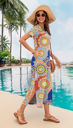 Image of MISFAY Womens Maxi Dress Short Sleeve V Neck Loose with Pockets | Soft stretchy breathable, v neck loose fit, side split hem, two side pockets, casual daily beach vacation travel dress