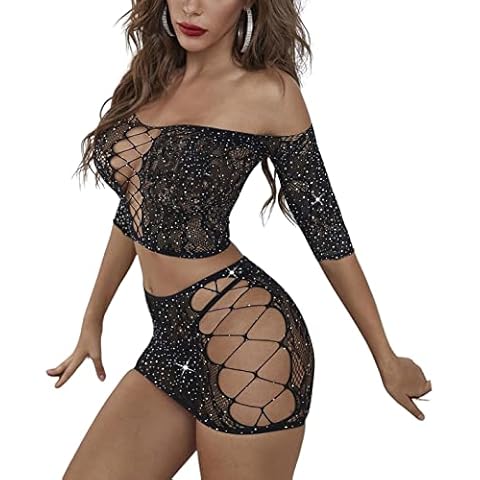 Sniff Rose Women's Mesh Cut-Out Rhinestone Studded Fishnet Bardot Lingerie Set Tube Top with Skirt Sparkly Hollow-Out Club Wear Party Dress Bodysuits Costume Set (Black) Cover