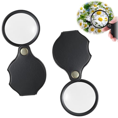 Lupa de bolsillo de 2 unidades, 10 aumentos, portátil, plegable, con funda de piel negra, lupa pequeña, para leer, libros, mapas y periódicos, 50 mm
