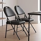 Klappstuhl 2er-Set, Mit PU-Leder Gepolstert Für Sitz Und Rücken, Stapelbarer Metall-Klappsessel Bis 160 kg, Gartenstuhl & Gästestuhl Für Veranstaltung Wohnzimmer Büro Esszimmer Balkon, Schwarz
