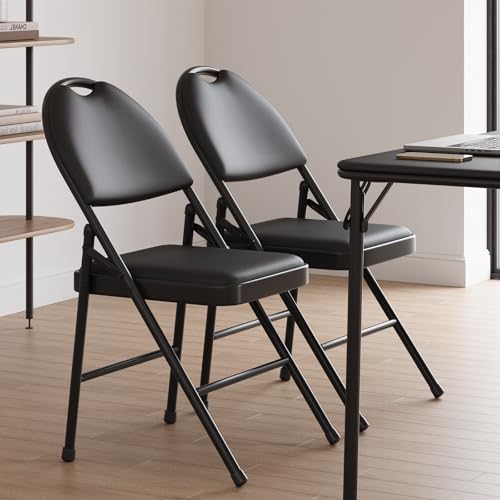 Klappstuhl 2er-Set, Mit PU-Leder Gepolstert Für Sitz Und Rücken, Stapelbarer Metall-Klappsessel Bis 160 kg, Gartenstuhl & Gästestuhl Für Veranstaltung Wohnzimmer Büro Esszimmer Balkon, Schwarz