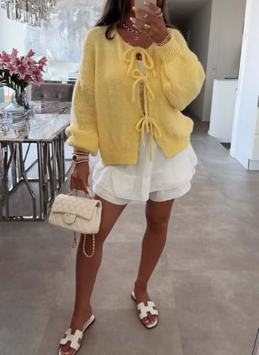 Image of chouyatou Women's Cute Bow Knot Cardigan Fall Casual Oversized Ribbed Knit Sweater Cardigan Tops