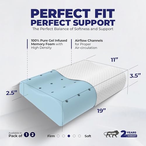 Image of WELLGIVER Cervical Gel Memory Foam Pillow for Neck Pain Relief - Ergonomic Orthopedic Pillow for Sleeping, Contoured Support for Side, Back & Stomach Sleepers | White | Pack of 2 | 19 x 11 x 3.5 Inch