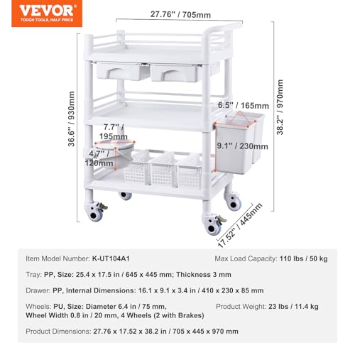 Vevor K-UT104A1 Medical Mobile Trolley Cart With 2 Drawers & 3 Trash Cans thumb #6