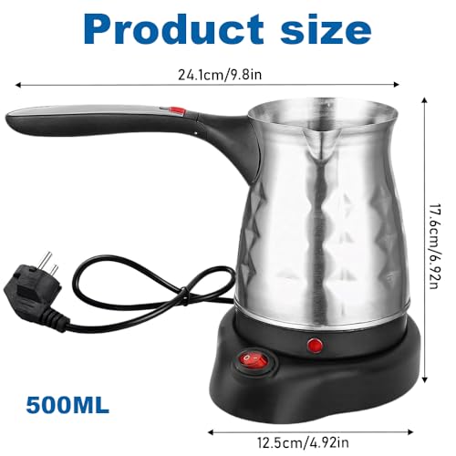 Calenxy Elektrische Türkische Kaffeemaschine Mit Griff, 500ml Espressokocher Türkische Teekanne Elektrische Kaffeekanne, Edelstahl Wasserkocher für Haushalt Café Büro Reisen, Einfach Silver