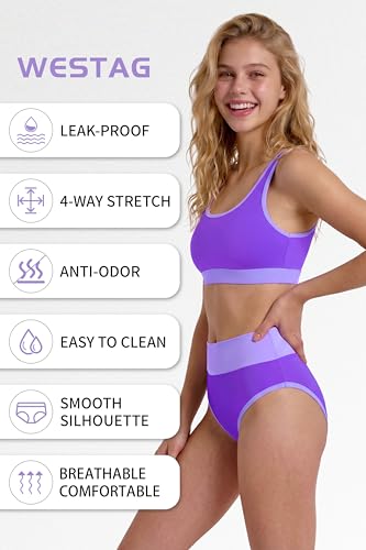 Image of Period Swimwear Two Piece Leakproof Swimsuit Menstrual High Waist Bikini Sets Color Block Bathing Suit for Teen Girls