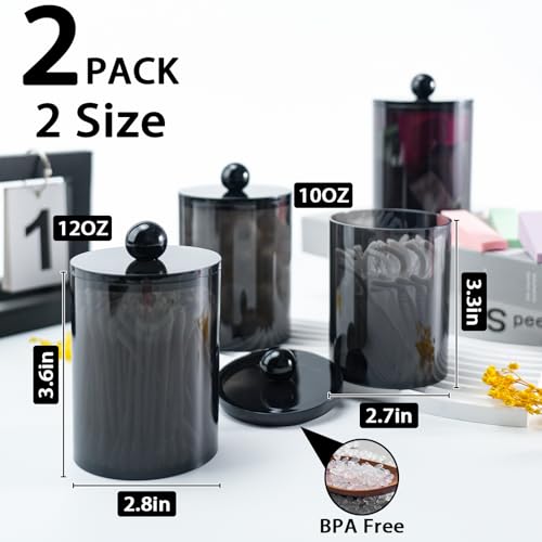XIPENGKEJI 2 Pack Qtip Holder,Canister Apothecary Jar Set, Bathroom Jars with Lids Set for Cotton Swabs, Balls, Pads, Floss Picks,10oz-12oz Plastic Canisters Restroom Bedroom Vanity Organizer(Black)