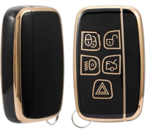 Image of TPU Car Key Cover Black & Golden Fit for Jaguar F-PACE F-Type Range Rover XF XJ XE, Discovery, Evoque, Velar, Sport, Defender (Land Rover & Jaguar, 5 Button Push Smart Key)