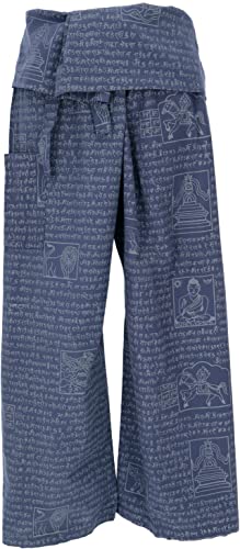 GURU SHOP Thai Fischerhose mit Mantra Druck aus Gewebter Baumwolle, Wickelhose, Yogahose, Herren/Damen, Blau, Size:One Size