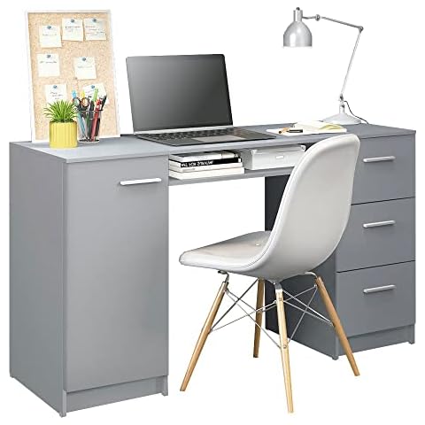 Madesa Home Office Computer Writing Desk with 3 Drawers, 1 Door and 1 Storage Shelf, Plenty of Space, Wood, 45 D x 136 W x 77 H cm - Grey Cover