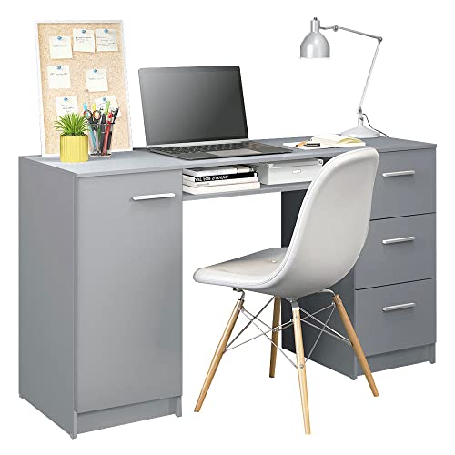 Madesa Bureau d'ordinateur avec 3 tiroirs, 1 porte et 1 étagère de rangement, beaucoup d'espace, bois, 45 x 136 x 77 cm - Gris Cover