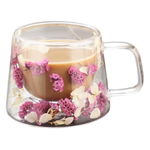 Genérico Tazas De Café 250ml Vaso Doble Pared, Vasos Cafe Cris-tal Flores Secas, Vasos De Doble Pared Con Asa, Tazas De Vidrio Borosilicato Resistente Al Calor Para Té, Café, Leche, Macchiato