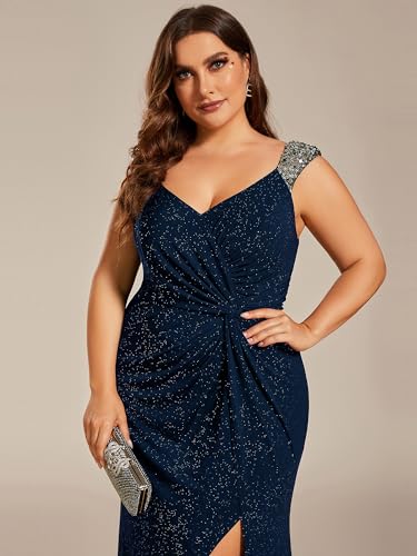 Image of Ever-Pretty Women's Glitter V Neck Sleeveless Plus Size Formal Dresses High Split Bodycon Prom Dress Evening Gowns