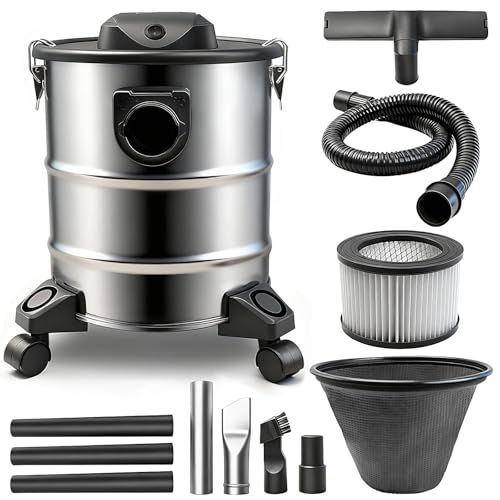 BLUEMARS Ash Vacuum, Pellet Stove Vacuum Cleaner, 20L Stainless Steel Tank, Powerful 1000W Motor with Blower Function, HEPA Filter, Wheels for Easy Move, for Pellet & Wood Stoves