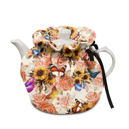 Ystardream Fortune Flower Tea Pots Cosy Cotton Kettle Dust Cover Teapots Dust Cover Insulated Breakfast Pot Cover Butterfly Kitchen Tea Cosy Tea Cozies with Cotton Keep Warm for Dining