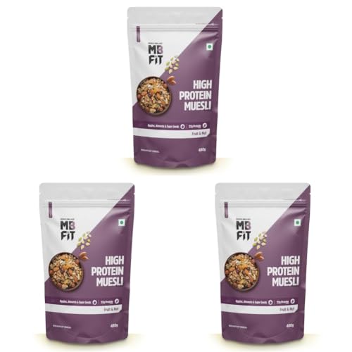 Image of MuscleBlaze Fit High Protein Muesli (400g, Fruits & Nut) | 22g Protein | With Apple, Almonds & Super Seeds,High Protein Breakfast Cereals (Pack of 3)