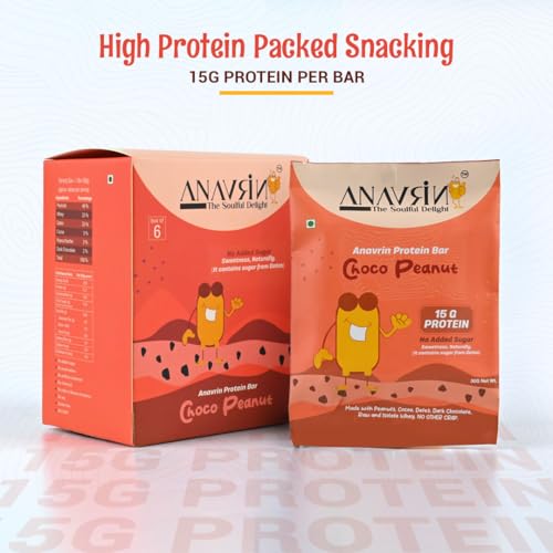 Image of ANAVRIN Choco Peanut Protein Bar - 15g Protein, 2.5g Fibre in each Bar (6 Bars x 50gm) No Added Sugar, No Soy, No Preservatives Gluten Free High Protein Energy Bar, Healthy & Tasty Everyday Snack