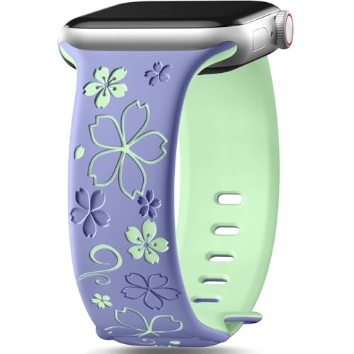 Floral Engraved Band Compatible with Apple Watch Bands for Women 40mm 41mm 42mm 38mm 44mm 45mm 46mm, Soft Silicone Cute TwoTone Flower Sport Strap for iWatch Series 11 10 9 SE 3 8 7 6 5 4 2