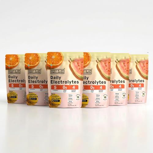 Image of What's Up Wellness Daily Electrolytes Powder - Assorted Flavour Pack | Zero Added Sugar | Instant Hydration - Sodium, Potassium, Magnesium & Zinc | Vegan - 90 Sachets | Pack of 6
