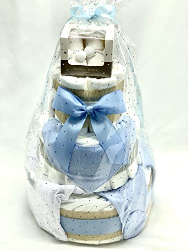 Tarta De Pañales y Conjunto Bebé 3 pisos - Regalo Original Para Recién Nacido - Incluye DEDICATORIA - Tarta Pañal Bebé Con Ropa 0-6 meses (Azul)
