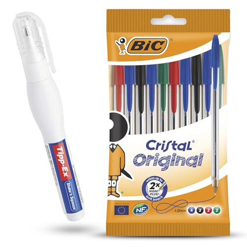 BIC Cristal - Bolígrafos originales, punta fina de 1,0 mm para escritura diaria, colores surtidos, paquete de 10 unidades, bolígrafo corrector Tipp-Ex Shake'n Squeeze paquete de 1, 8 ml, secado