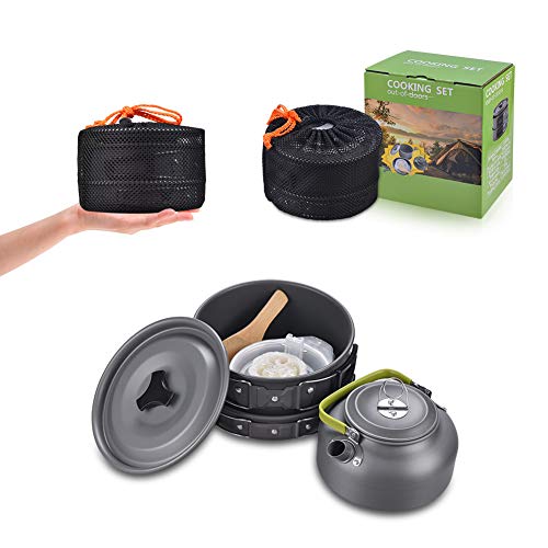 Camping Cookware Mess Kit, Lightweight Hiking Cookware Set With Mesh Bag, Nonstick Aluminum Cooking Kit,Outdoor Pot Pan Kettle Backpacking Mess Kit With Bowls #TOP7