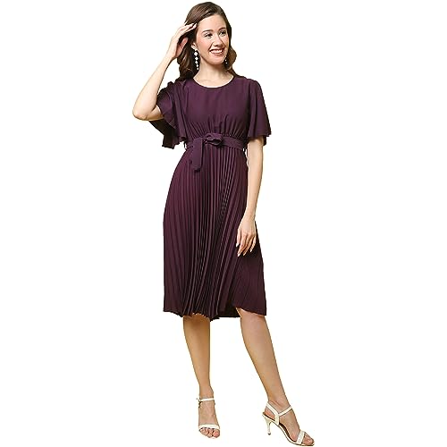 Image of Fabflee Women's Polyester A-Line Standard Length Dress (FB-P1-Pleated-202 M Purple M)