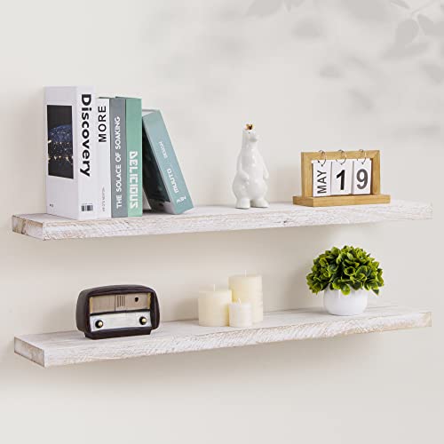 Axeman Floating Shelves, 8 Inch Deep Rustic Solid Elm Wood Wall Shelves For Storage, Wall Mounted Display Shelving With Invisible Heavy-Duty Metal Bracket, 36 Inch Width Set Of 2, White Wash #TOP12