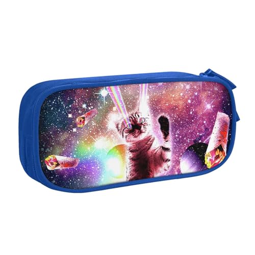 宇宙タコス猫虹のレーザーの目ペンケース 筆箱 文具ケース おしゃれ 筆袋 鉛筆ケース 鉛筆のサック 中高校生 軽量 収納バッグ 学生 子供 誕生日 入学ギフト 大容量 ダブルレイヤーBlue