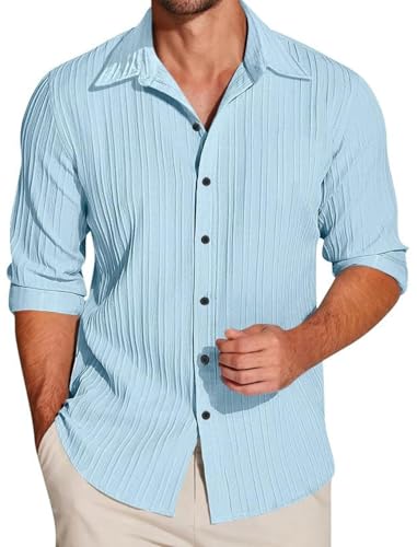 Image of Macsivo Men's Popcorn Shirt with Spread Collared Long Sleeve Button Down Closure Curved Hem Length | Linen Shirt for Man