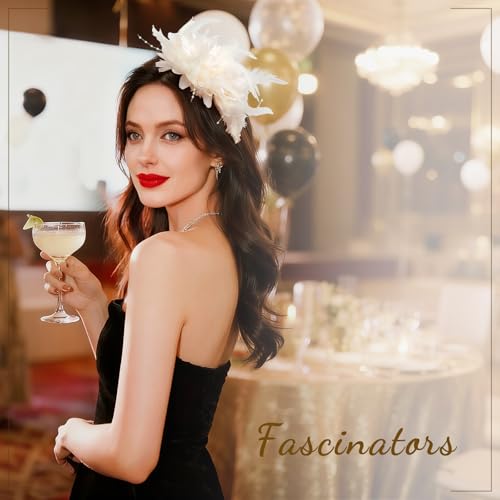 Image of DRESHOW Womens Fascinators Hats Tea Party Hats for Women Pearl Lace Feather Hat Vintage Derby Hats for Wedding Cocktail