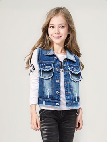 Lazutom Girls' Denim Vest Jacket Sleeveless Frayed Jean Vest Outerwear for Casual, School, Layered Fall Outfits3
