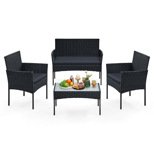 SONGMICS Gartenmöbel-Set, 4-teilig, Balkonmöbel aus PE-Polyrattan, Tisch, 2 Stühle, 2-Sitzer-Bank, Lounge-Möbel Outdoor, Terrassenmöbel, für Terrasse, Balkon, schwarz-grau GGF004B06