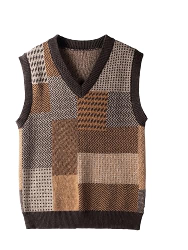 SHENHE Men's Sweater Vest Vintage Plaid V Neck Patchwork Streetwear Sleeveless Sweaters Brown Small