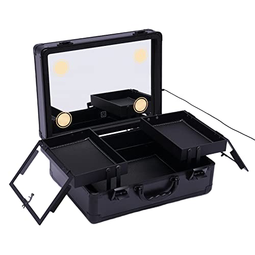 OUKANING Maletín de maquillaje LED portátil con espejo e iluminación, iluminación de maquillaje regulable en 3 colores, maletín de maquillaje con 2 niveles y tapas protectoras para el polvo, fuente de
