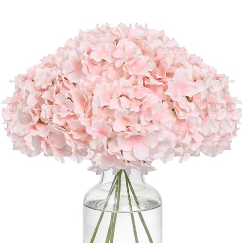 FLORRALIA Fake Pink Hydrangea Artificial Flowers - Faux Silk Hydrangeas Flowers Heads with Stems Real Touch for Home Wedding Party Table Decor(Pink Pack of 10)