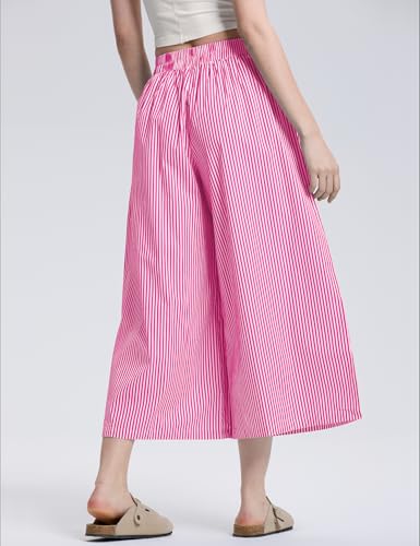 Image of LOMON Womens Wide Leg Capri Pants Gingham Plaid Culottes Summer Elastic Waist Palazzo Trousers Bottoms with Pockets