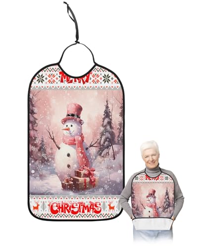 Christmas Snowman Adult Bibs for Eating, Waterproof Bibs with Food Catcher & Adjustable Snap Closure, Pink Xmas Winter Snowflake Geometric Washable Clothing Protectors Adult Bibs for Elderly Women/Men