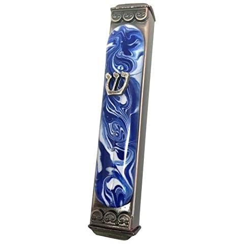 Tamara Baskin Art Glass Mezuzah, Easy Mount Indoor or Outdoor Weatherproof Metal Case Gift Box and Non-Kosher Scroll Included Hand Made in USA Guaranteed for Life (Marbled Blue White) Cover