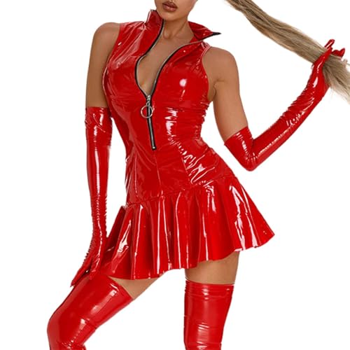 Latex Dessous Für Damen Swingerclub Outfit Frauen PVC Kleid Ouvert Body Rot Kleider Sex Sexy Rock Latexkleid Lackkleid Rote Red Dress Women Leder...