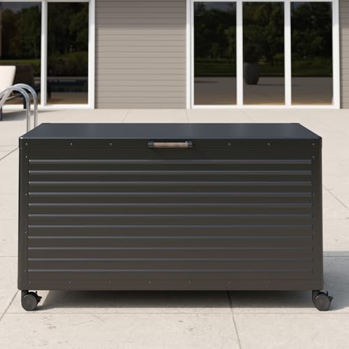 Image of MIRADOR 175 Gallon Outdoor Storage Box with Wheels & Soft-Close Lid, Waterproof Metal Deck Box for Patio Cushions, Garden Tools & Pool Accessories, Charcoal