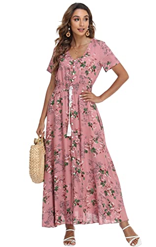 Image of VintageClothing Women's Floral Maxi Dresses Boho Button Up Split Summer Casual Long Dress Beach Party Dress