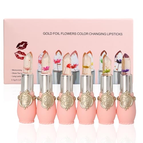 6Pcs Rossetto Fiori, Trasparente Gelatina Lipstick, Magico Cambia Colore Balsamo Labbra Che Cambia Colore Idratante a Lunga Durata, Rossetti Cristallo Fiore Nutriente Temperatura