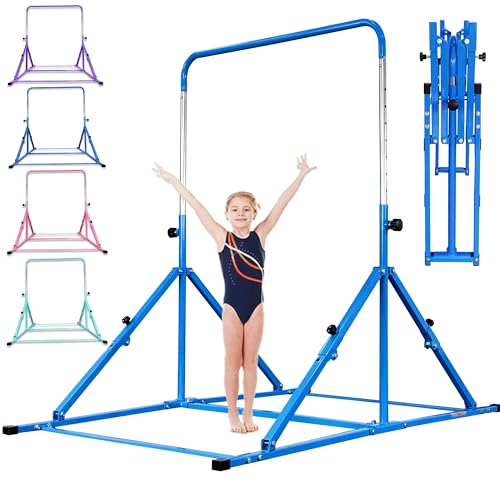 MARFULA Foldable Gymnastic Bar for Kids Ages 3-12, 9 Height Levels, 200 lbs Weight Capacity, 5 Ft Length Gymnastic Kip Bar with Mat, Gymnastic Equipment for Home and Gym Center Indoor Outdoor Use