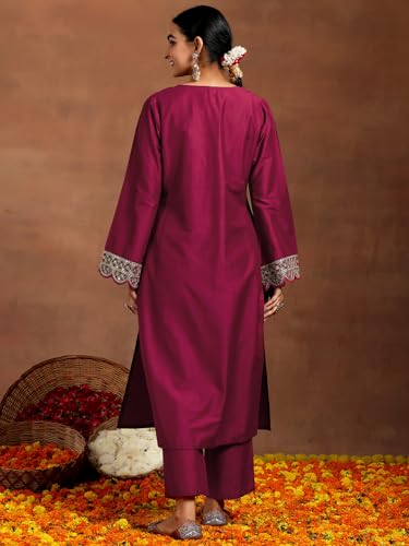 Image of Libas Gerua Womens Yoke Design Silk Blend Straight Kurta With Trousers